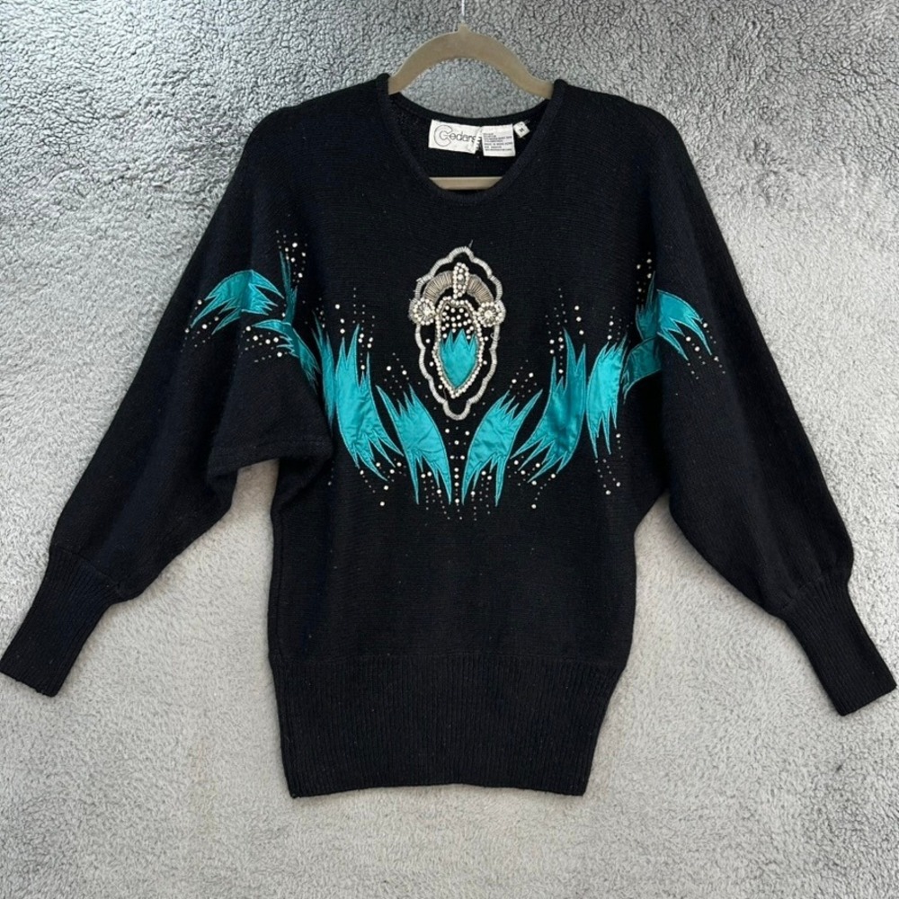 VTG Cedars Women's Medium Silk Angora Lambswool Beaded Teal Applique Sweater